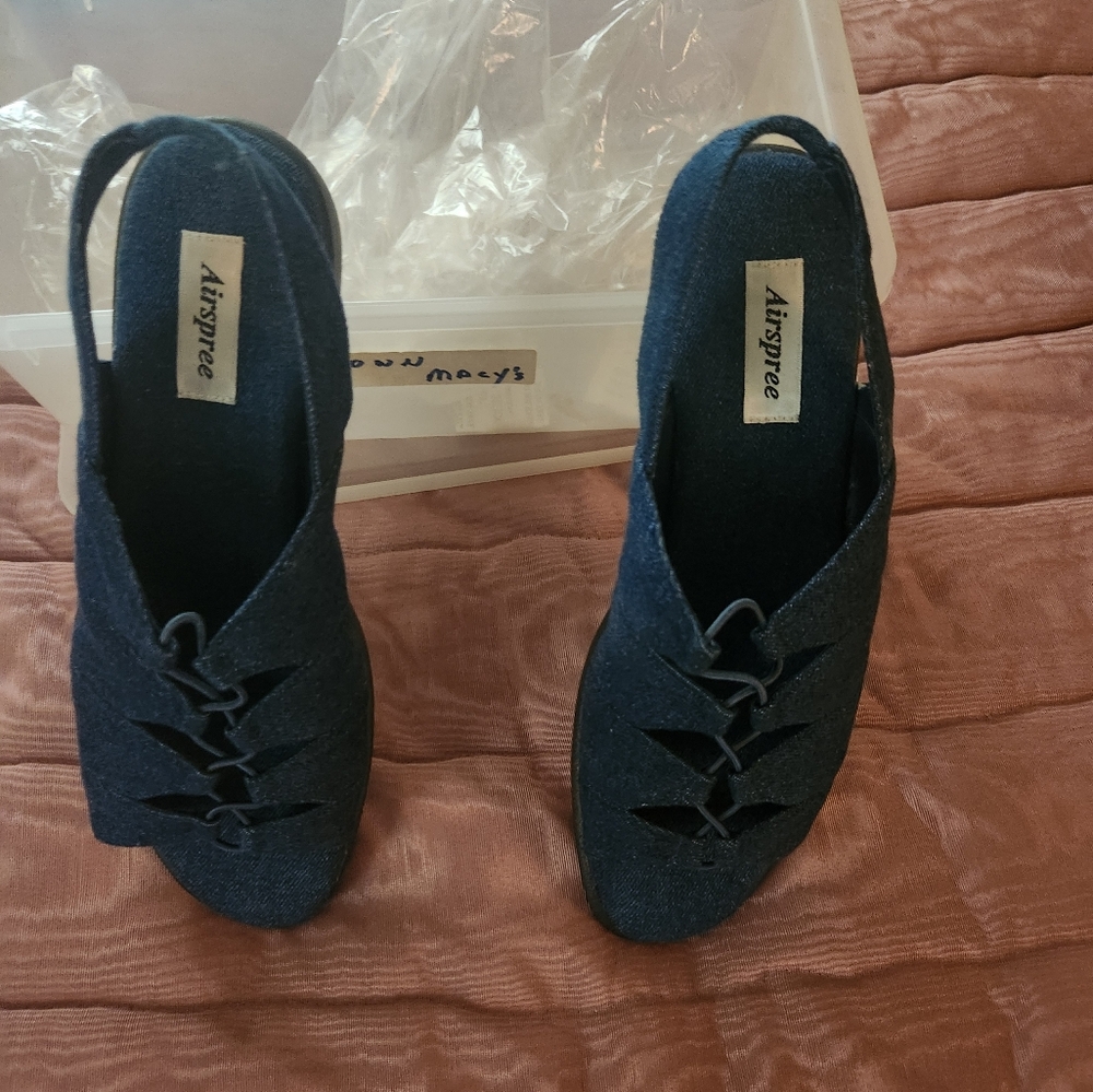 Denim color material open toe slip on sandals